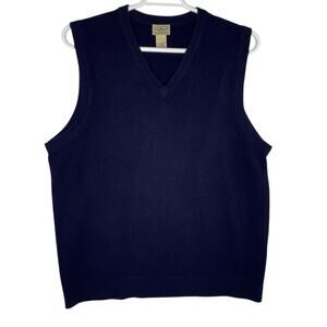 LL Bean Mens Sweater Vest Navy Blue 100% Lambswool V-Neck Large Preppy Grandpa